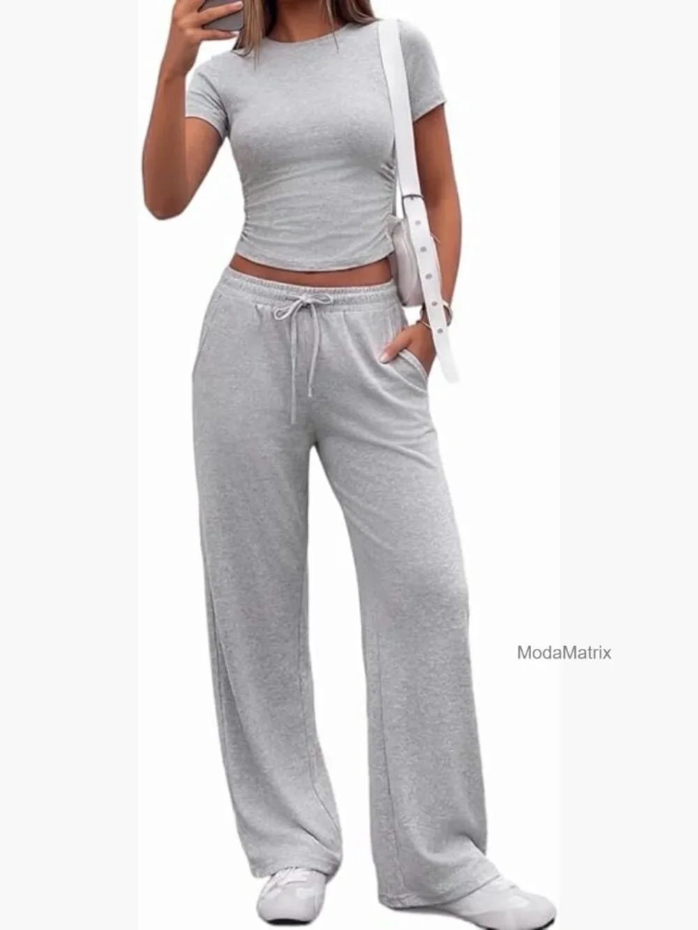 2 Piece Lounge Set Fitted Crop Top Wide Leg Pants with Pockets Matching Outfit